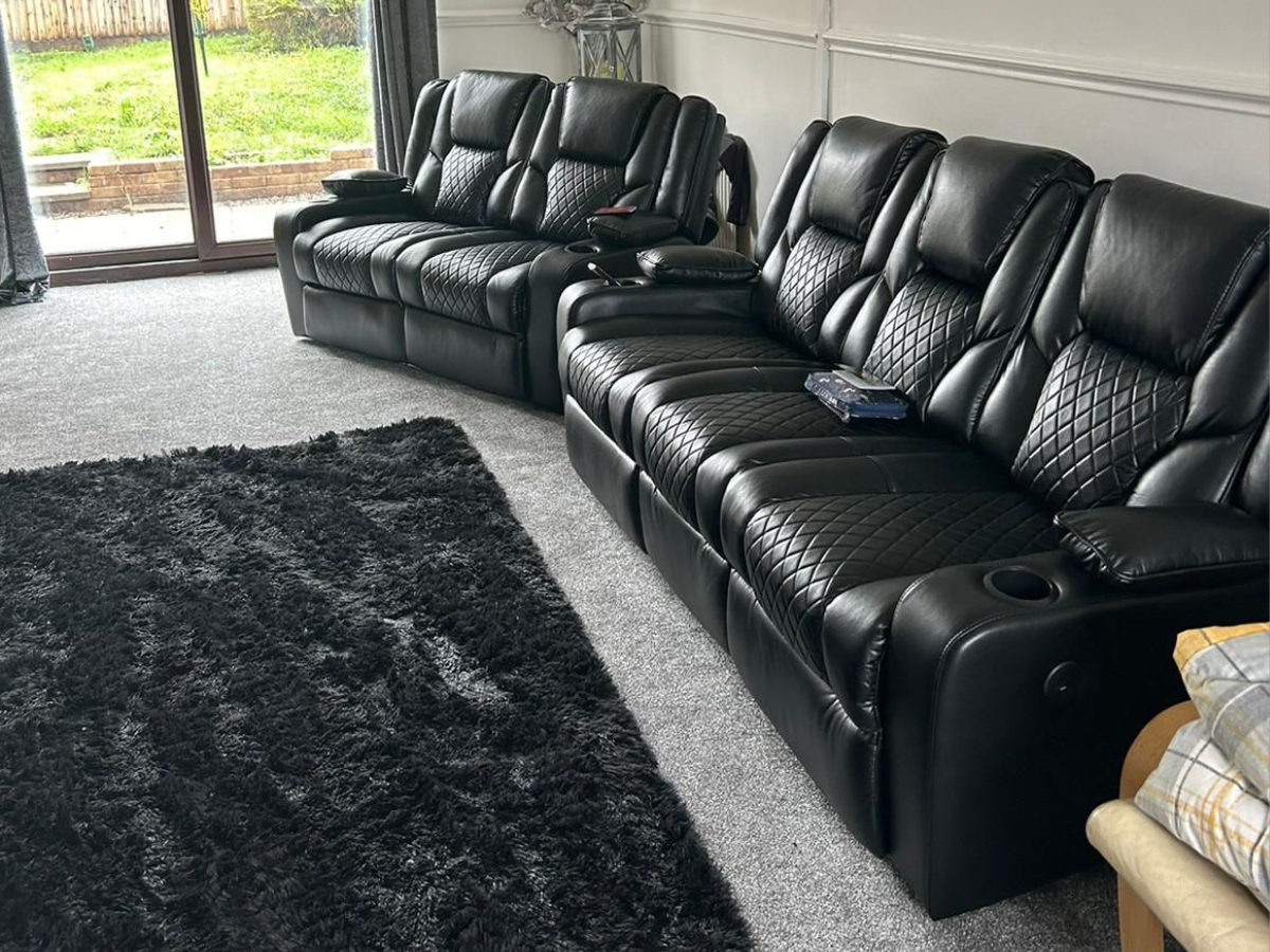 Orlando 3+2 Electric Recliner Sofa Set in Black Leather with USB Port Drop Down Table and Cupholders