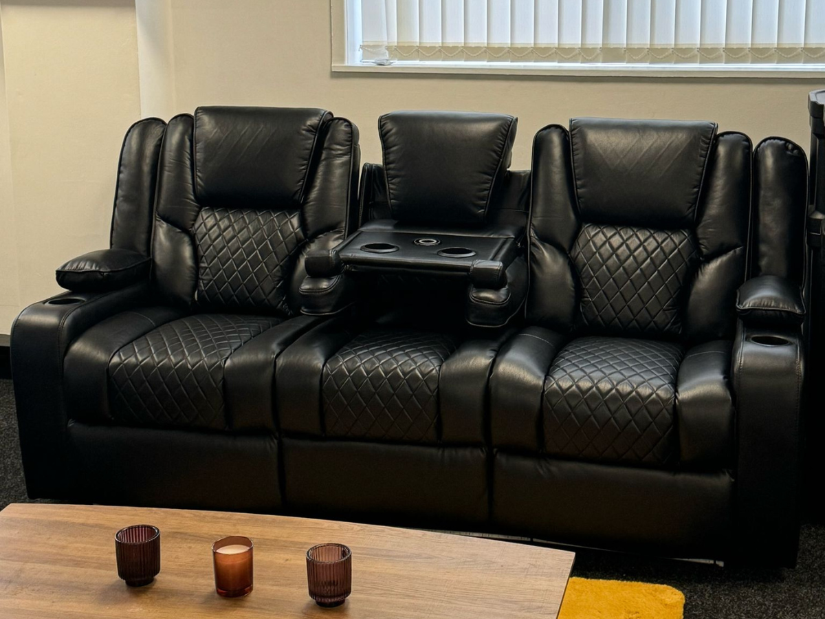 Orlando 3+2 Electric Recliner Sofa Set in Black Leather with USB Port Drop Down Table and Cupholders