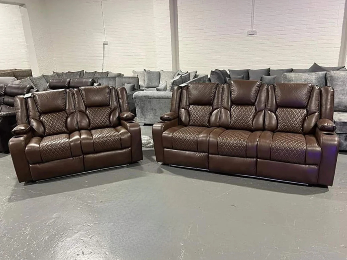 Orlando 3+2 Electric Recliner Sofa Set in Brown Leather with USB Port Drop Down Table and Cupholders