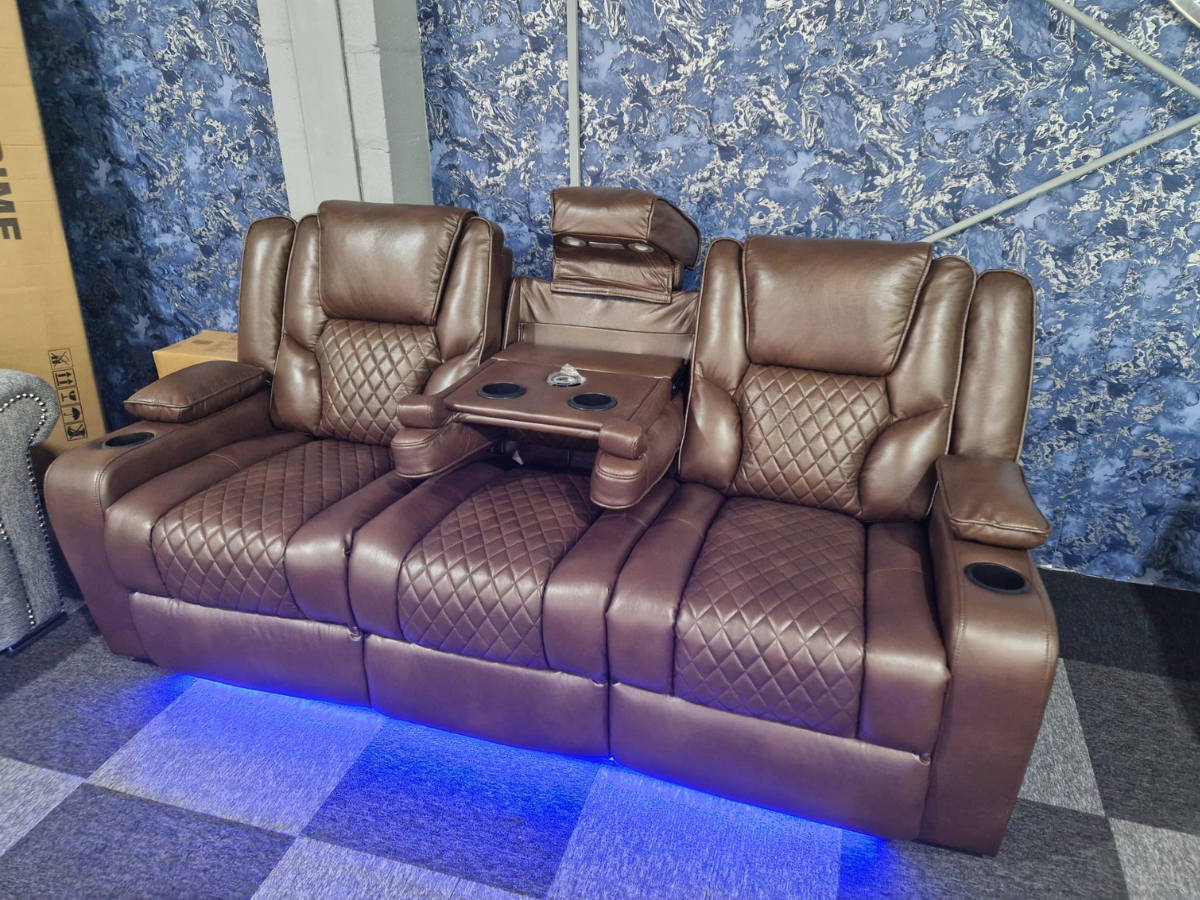 Orlando 3+2 Electric Recliner Sofa Set in Brown Leather with USB Port Drop Down Table and Cupholders