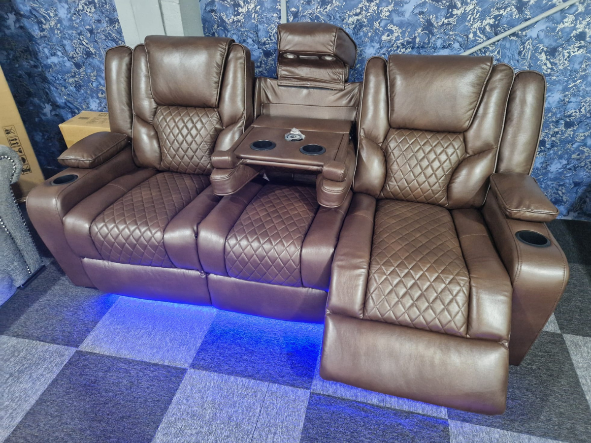 Orlando 3+2 Electric Recliner Sofa Set in Brown Leather with USB Port Drop Down Table and Cupholders