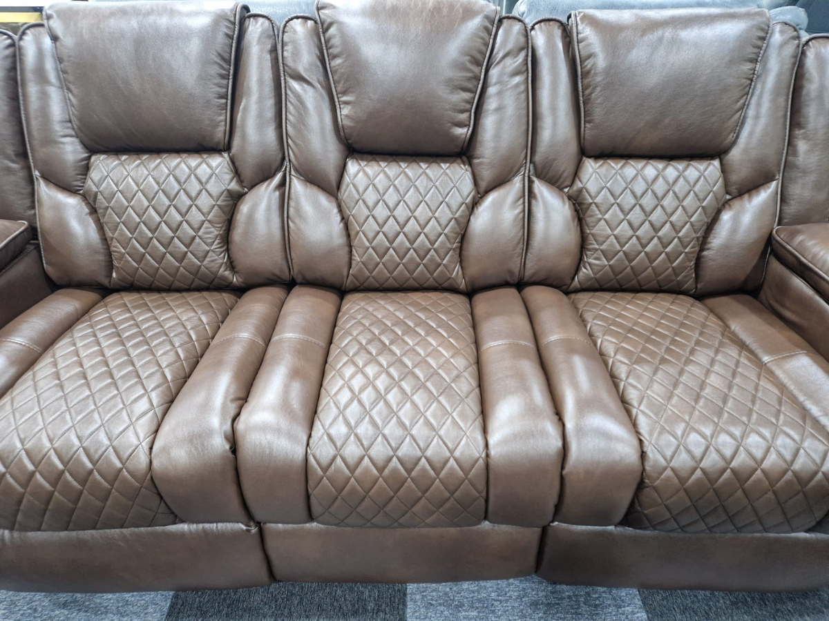 Orlando 3+2 Electric Recliner Sofa Set in Brown Leather with USB Port Drop Down Table and Cupholders