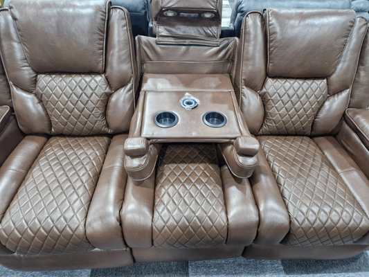 Orlando 3+2 Electric Recliner Sofa Set in Brown Leather with USB Port Drop Down Table and Cupholders