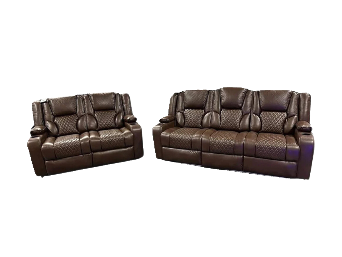 Orlando 3+2 Electric Recliner Sofa Set in Brown Leather with USB Port Drop Down Table and Cupholders