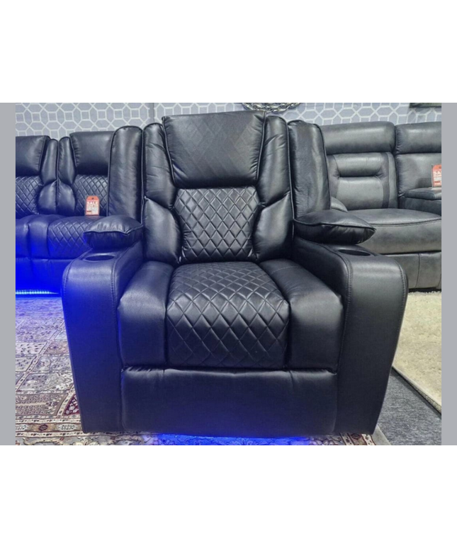 Orlando Electric Recliner Armchair in black Aire leather with diamond-stitching and LED lighting.