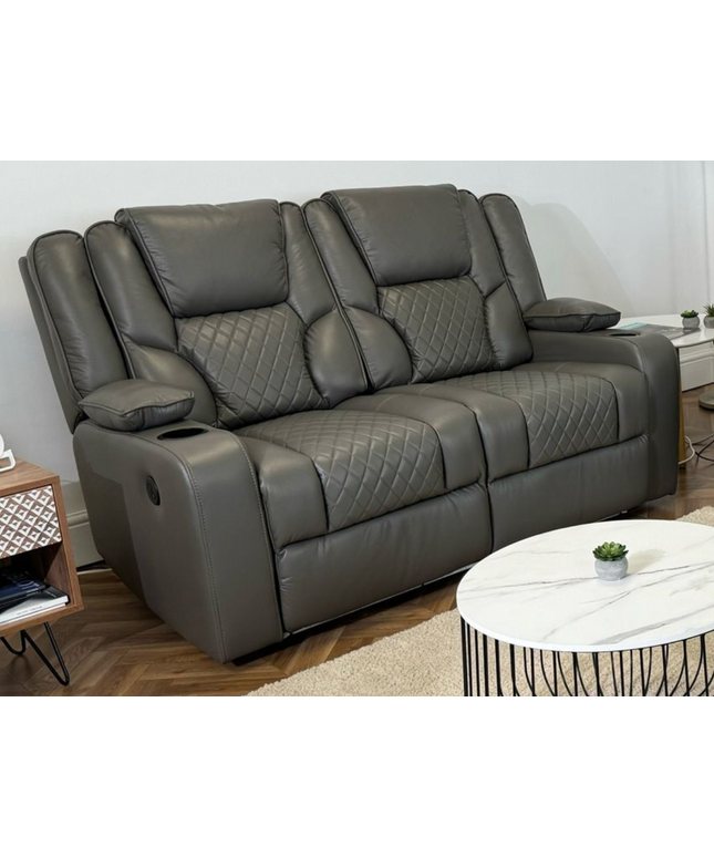 Orlando 2-seater electric recliner sofa in grey leather with cupholders and quilted design.