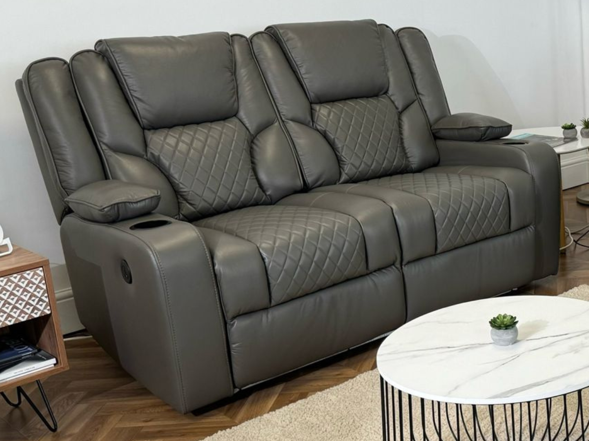 Orlando 2 Seater Electric Recliner Sofa Grey Leather with USB Port Drop Down Table and Cupholders