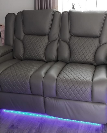 Orlando 2-seater electric recliner sofa in grey leather with USB port, cup holders, and LED lighting.