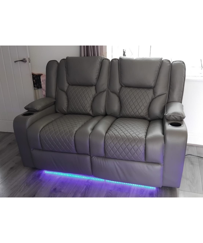 Orlando 2-seater electric recliner sofa in grey leather with USB port, cup holders, and LED lighting.