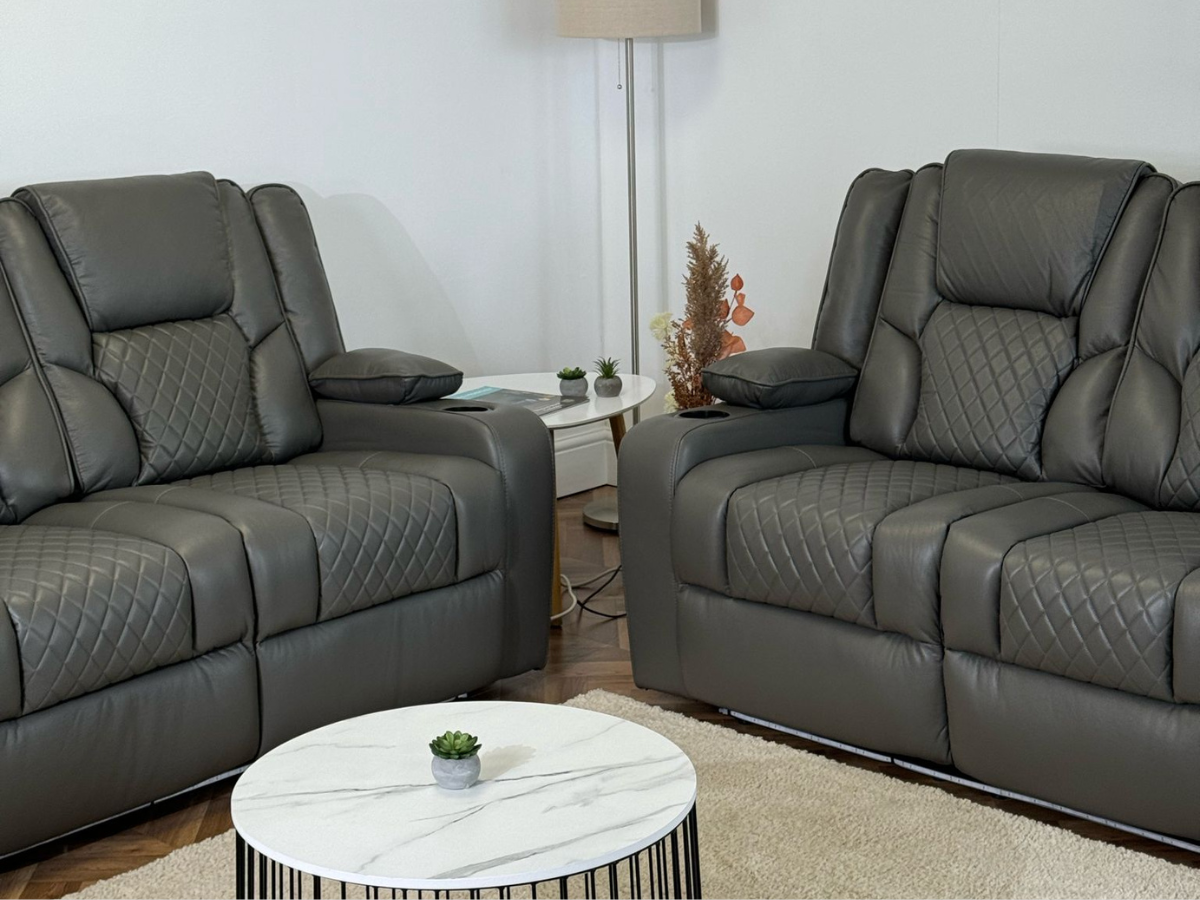 Orlando 3+2 Electric Recliner Sofa Set in Grey Leather with USB Port Drop Down Table and Cupholders