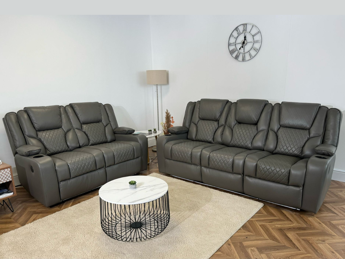 Orlando 3+2 Electric Recliner Sofa Set in Grey Leather with USB Port Drop Down Table and Cupholders