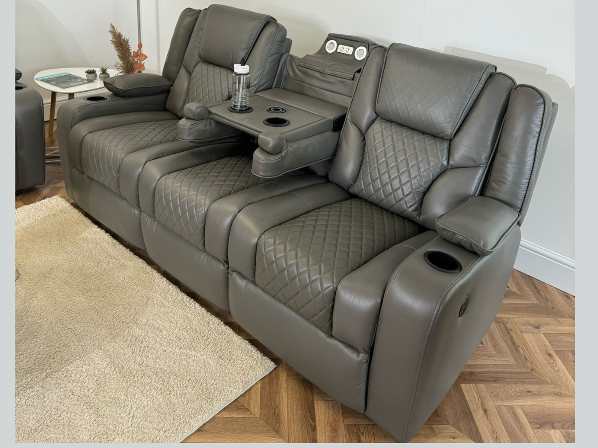 Orlando 3+2 Electric Recliner Sofa Set in Grey Leather with USB Port Drop Down Table and Cupholders