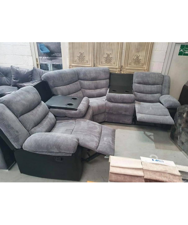 Rio recliner corner sofa in gray fabric with cupholders, perfect for luxurious living rooms and comfort.