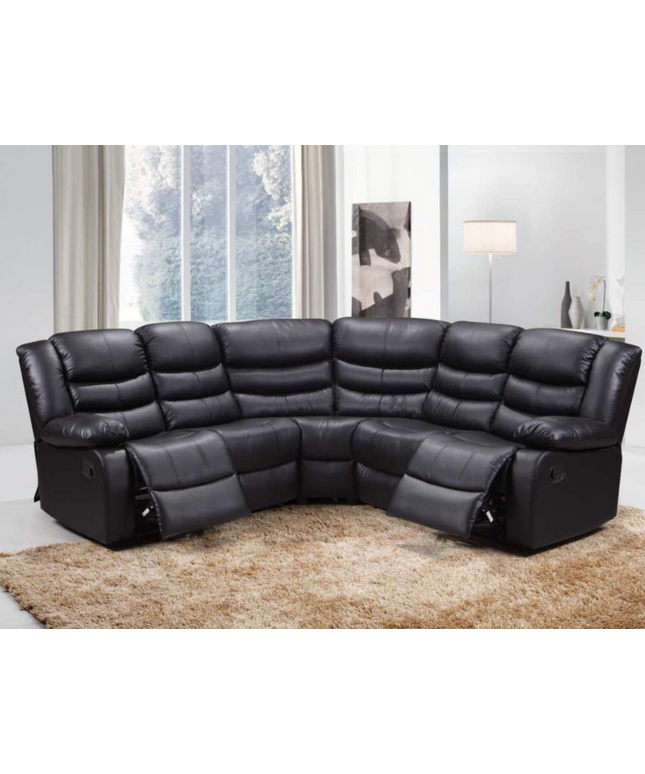Roma Recliner Corner Sofa in black leather, featuring plush cushions and reclining capabilities for ultimate comfort.