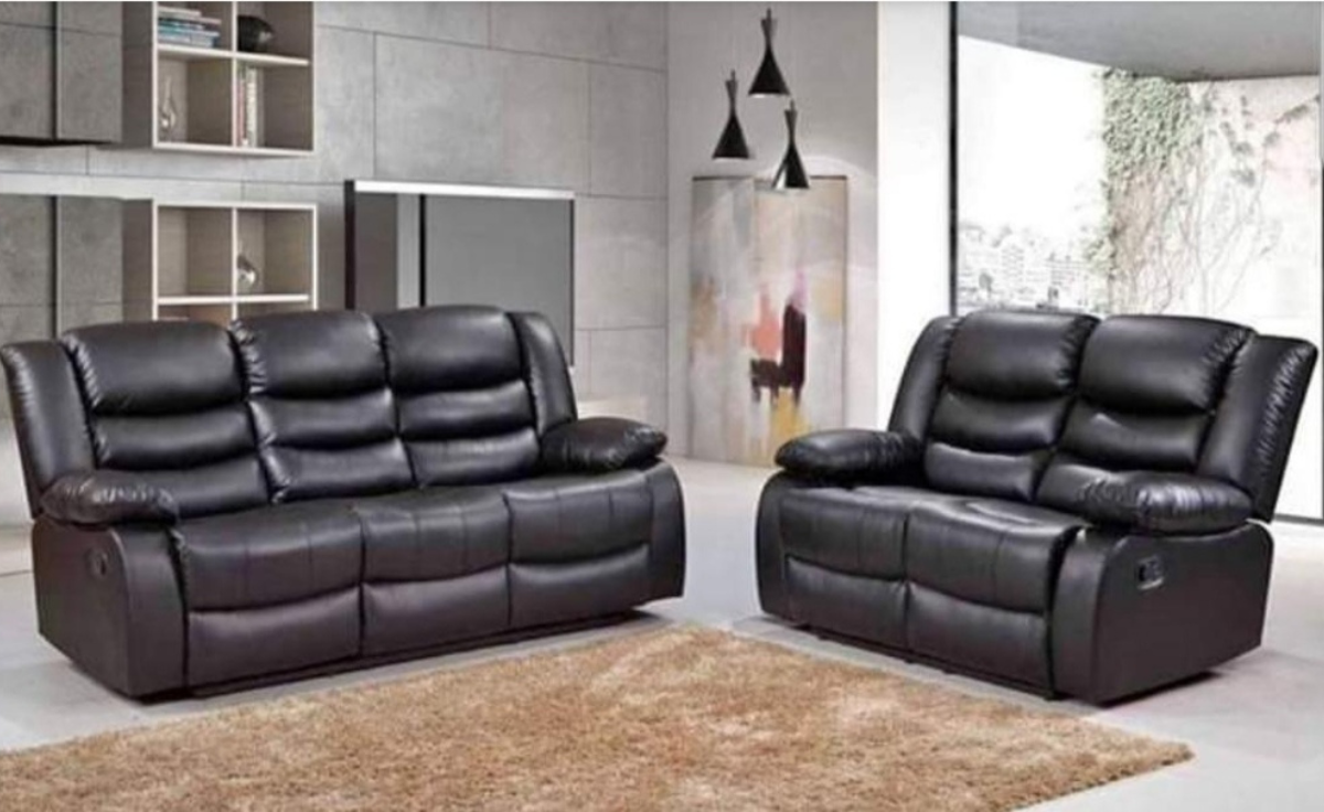 Roma Series 2 Recliner 3+2 Seater Sofa Set Black and Grey Aire Leather