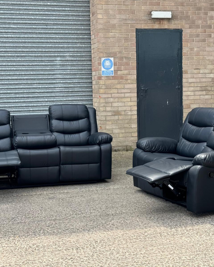Roma Series 2 Recliner 3+2 Seater Black Leather Sofa Set showcasing power reclining features.