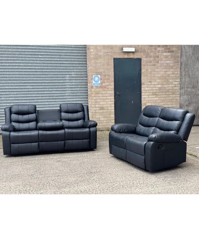 Roma Series 2 Recliner 3+2 Seater Black Leather Sofa Set showcasing power recline features and luxurious design.