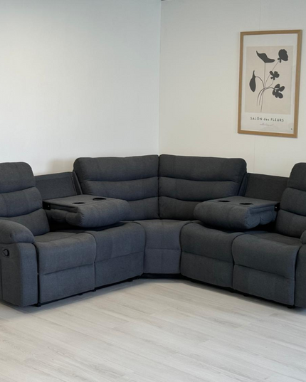 Sorrento Corner Recliner Sofa in grey fabric, featuring comfortable cushions and manual reclining options.