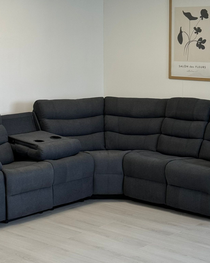 Sorrento Corner Recliner Sofa in Grey Fabric, featuring comfy cushions and a sleek design for any living space.