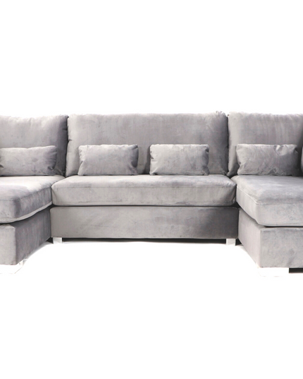 Belgravia U Shape Sofa in plush velvet with deep cushions and chrome feet, perfect for luxury living.