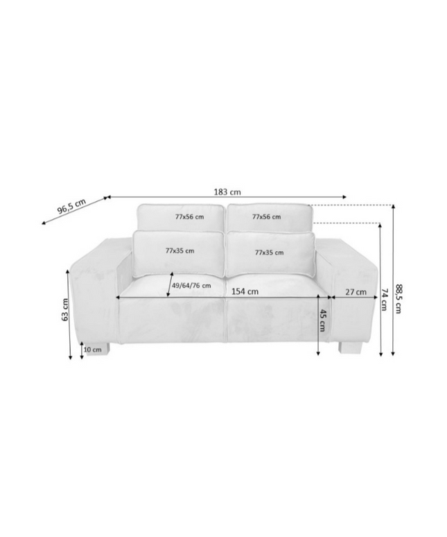 Dimensions of the Sloane Luxury Large 2 Seater sofa, showcasing its measurements in cm for optimal space planning.