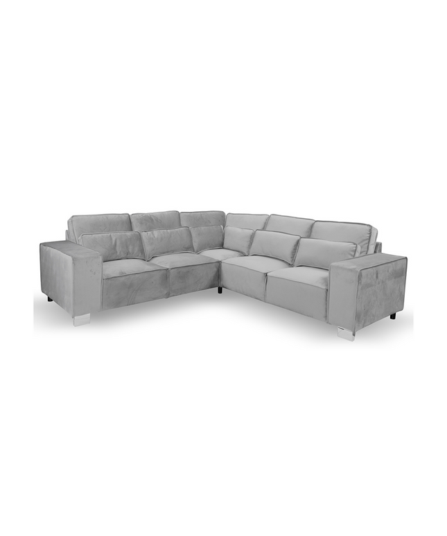 Sloane luxury large double corner sofa in plush gray velvet with soft cushions, perfect for modern living spaces.