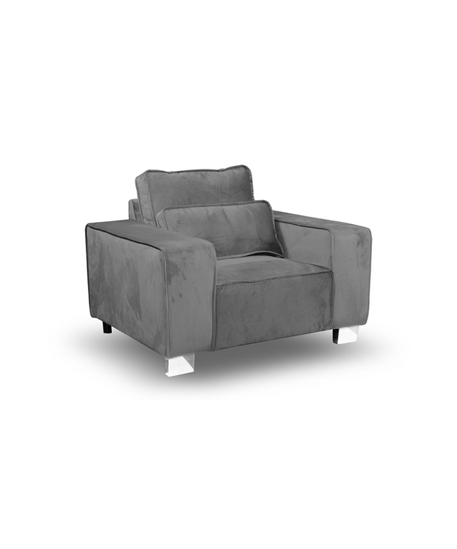 Sloane Luxury Large Armchair in plush gray velvet, featuring square arms and wide tapered feet, perfect for casual lounging.