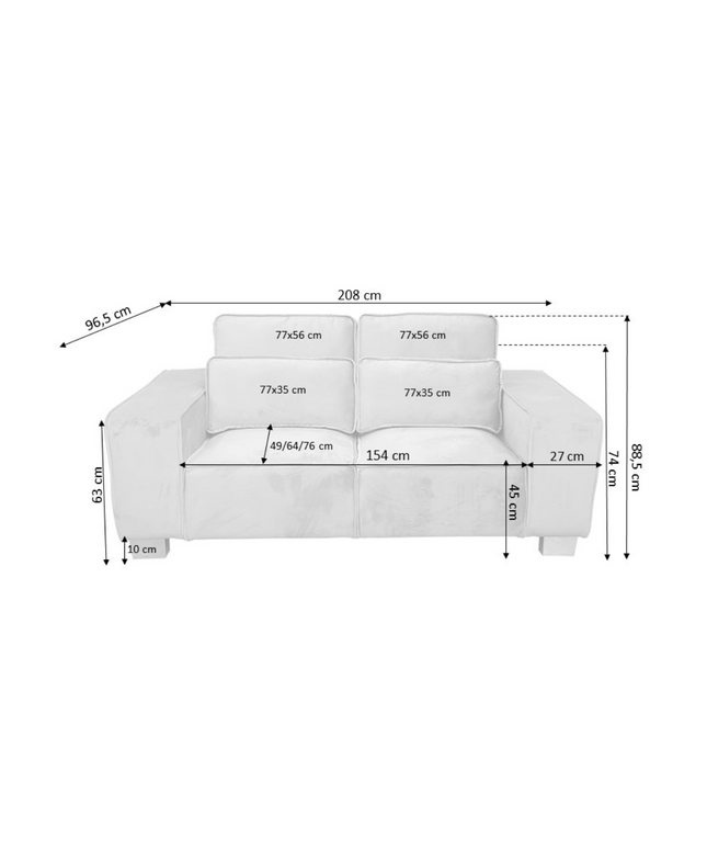 Dimensions of a white 3 seater sofa showing width, height, and depth measurements for easy reference.