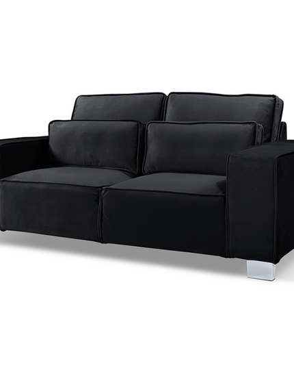 Sloane luxury large 3 seater black sofa with plush velvet upholstery and chrome feet, perfect for stylish living spaces.