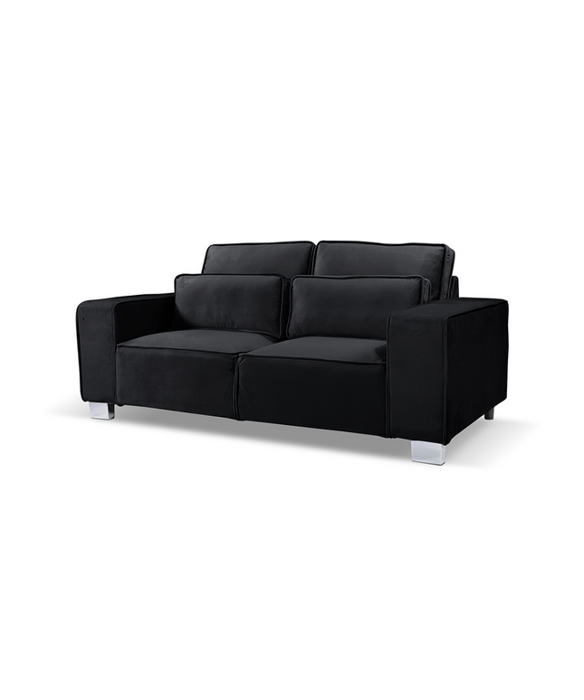 Sloane luxury large 3 seater black sofa with plush velvet upholstery and chrome feet, perfect for stylish living spaces.