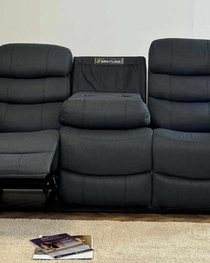 Sorrento 3 seater recliner sofa in grey chenille with laid-back cushions and reclining features, ideal for comfort.