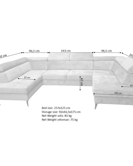 Dimensions and specifications of Sovereign U Shape Pull Out Sleeper Sofa in plush velvet with storage.