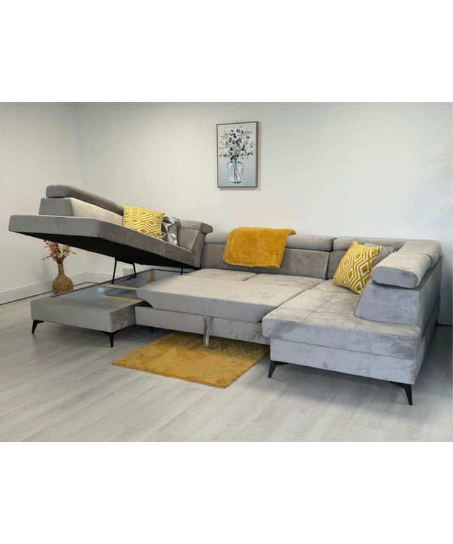 Sovereign U Shape pull-out sleeper sofa in plush velvet with storage, featuring yellow decorative pillows.