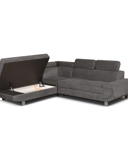 Artic Corner Sofa Bed in modern grey fabric with storage compartment, perfect for stylish seating and overnight comfort.