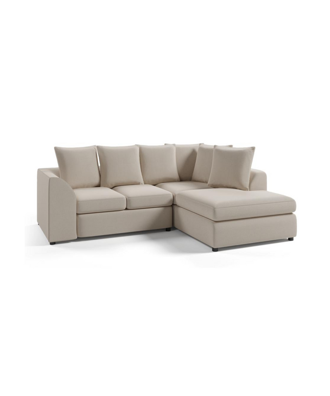 Chelsea corner sofa 4 seater in beige with scatter back cushions, ideal for modern living room décor.