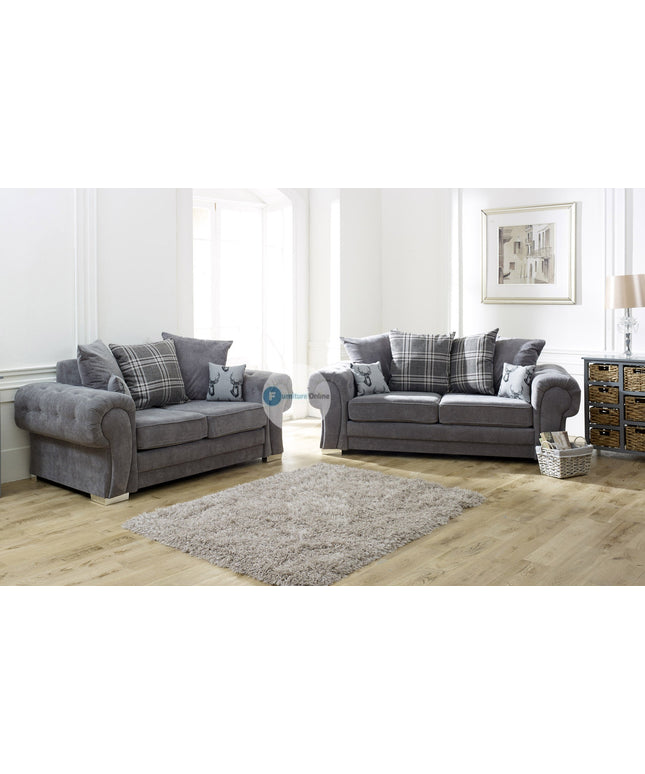 Stylish Verona 3 Seater Sofa in Grey with plaid cushions, perfect for cozy living spaces.