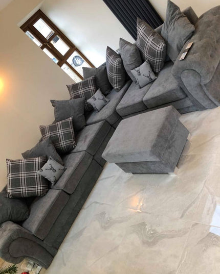 Verona 6-seater corner sofa in grey with scatter back cushions, perfect for cozy living spaces.