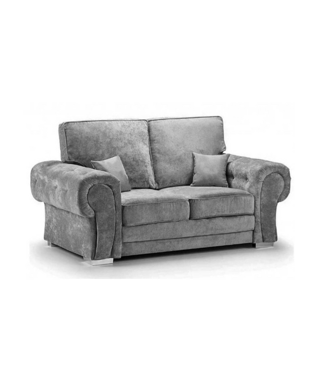 Vegas 2 seater sofa in soft grey fabric with plush cushions, perfect for cozy living spaces.