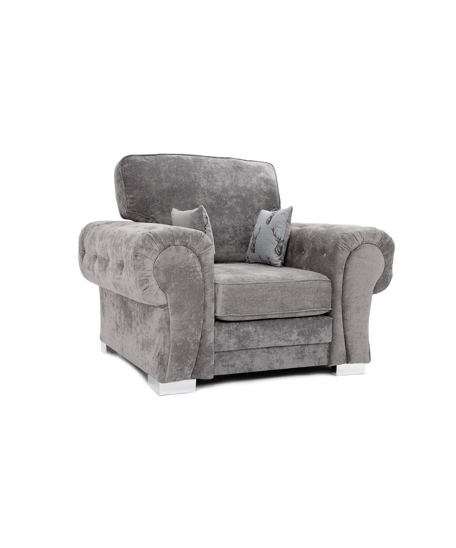 Vegas armchair in grey fabric with plush cushions, perfect for cozy evenings and modern living spaces.
