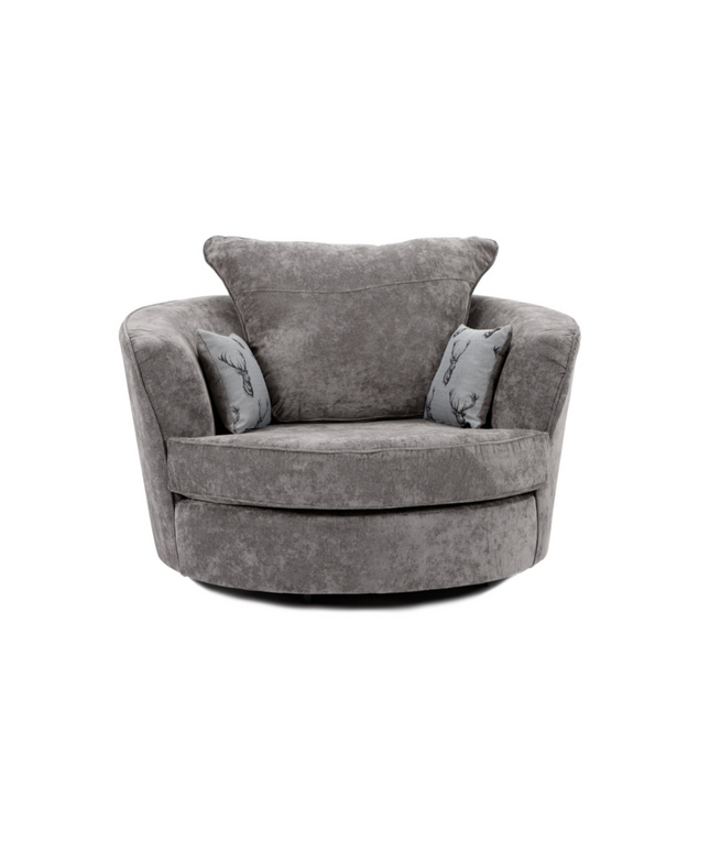 Verona swivel chair in grey fabric with two decorative pillows, perfect for cozy living spaces.