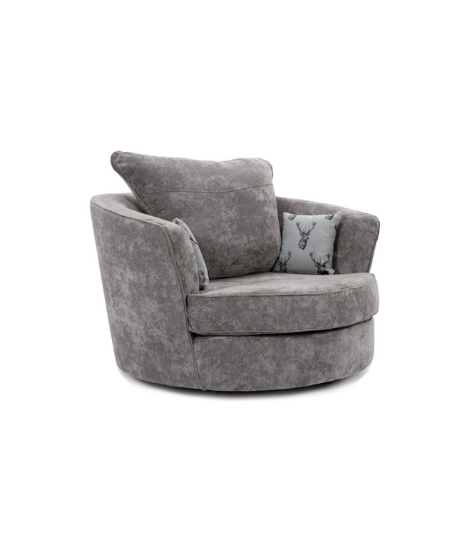 Verona Swivel Chair in grey upholstery, featuring a soft fabric and casual style for cozy living spaces.