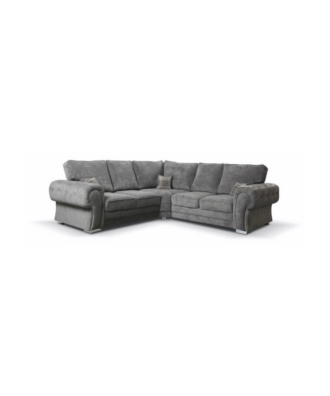 Vegas modular corner sofa in grey, featuring soft upholstery and chic rounded track arms for comfort and style.