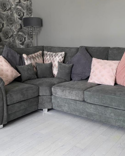 Grey Vegas Corner Sofa, 4-seater, featuring plush cushions in pink and gray, ideal for cozy living spaces.