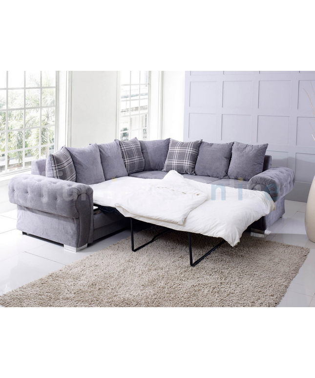 Verona Fernando Corner Sofa Bed in grey with scatter back cushions and laid out as a bed, perfect for cozy living rooms.