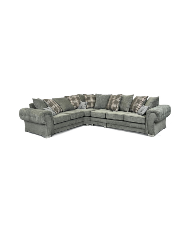 Verona 6-seater corner sofa in grey with scatter back cushions for cozy living room seating.