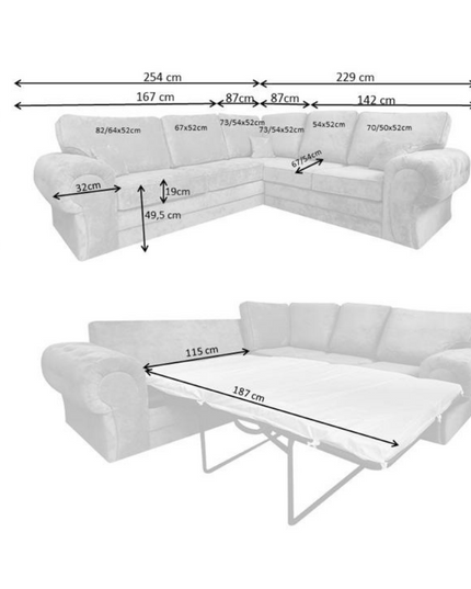 Dimensions and layout of the Chicago Corner Sofa Bed with a full-back sleeper feature in stylish design.
