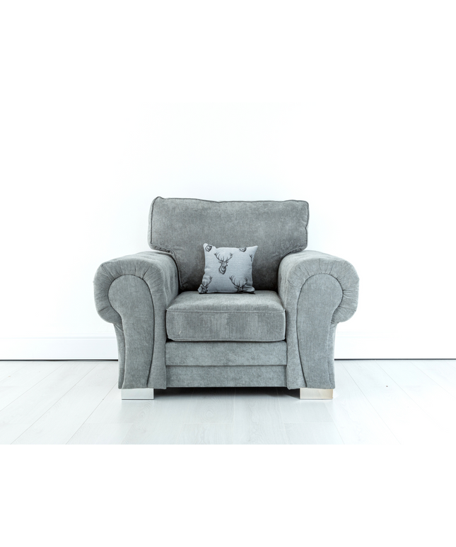Verona grey armchair with a decorative cushion, perfect for cozy living room seating and relaxation.