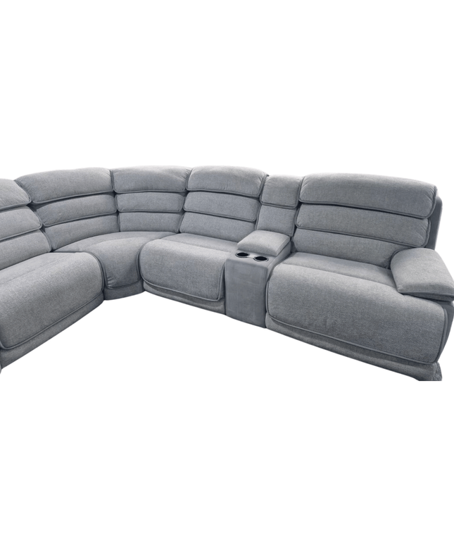 Lakelyn Express Corner Sofa in soft grey fabric with electric recliner and cup holders, designed for ultimate relaxation.