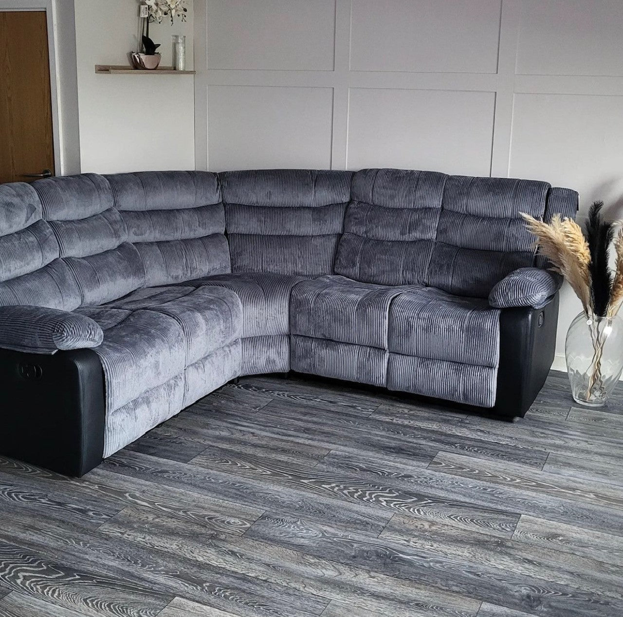 Rio Recliner Corner Sofa Grey and Black Cord and Leather with Cupholders