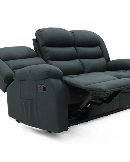 Sorrento grey chenille fabric recliner sofa set showcasing laid-back cushions and manual reclining feature.